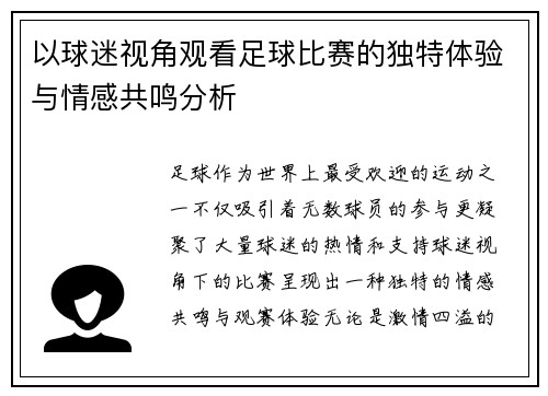 以球迷视角观看足球比赛的独特体验与情感共鸣分析