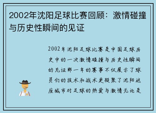 2002年沈阳足球比赛回顾：激情碰撞与历史性瞬间的见证