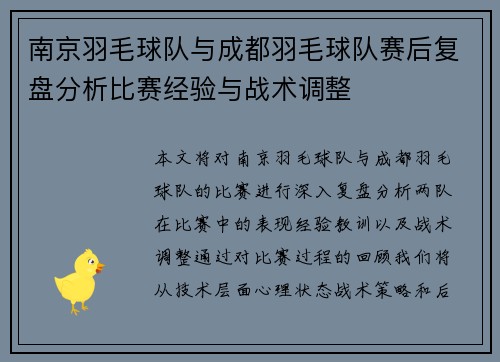 南京羽毛球队与成都羽毛球队赛后复盘分析比赛经验与战术调整